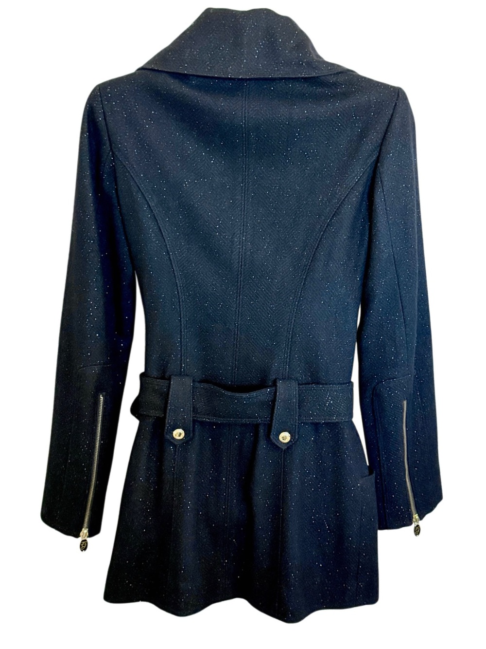 GUESS Black Wool Blend Coat XS Gold Shimmer Sparkle Moto Trench Belted Zip - Picture 4 of 14
